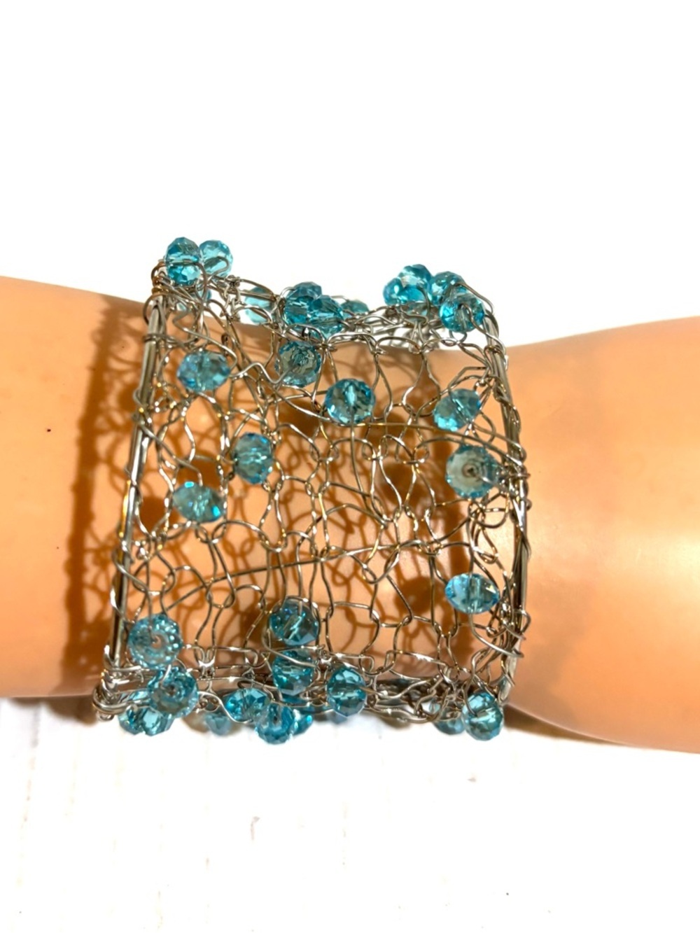 Blue Crystal Bead Silver Wire Cuff Bracelet